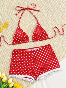 Bonvoyette 2件套红色波点图案露背系带荷叶边短裤性感时尚可爱泳衣比基尼套装，女士春夏款 - 紅白色 - 查看 4