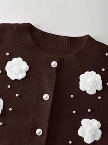 Franclia Áo khoác len cardigan viền bèo nhún họa tiết hoa thu đông dành cho nữ - Cà phê nâu - Xem 7