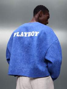 PLAYBOY X SUMWON 男士宽松水洗皇家蓝卫衣，带Logo和背面文字印花，休闲套头衫 - 藍色 - 查看 1