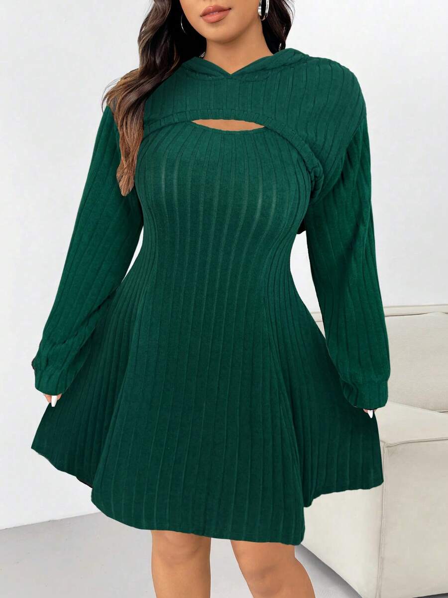 SHEIN EZwear Plus Size Black Chunky Rib Knit Sweatshirt Dress Set, Early Autumn