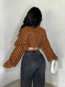 SHEIN SXY Fashionable Commuter Coffee Brown Polka Dot Ruffle Trim Shirt,Vacation,Brown ,Valentine's Day ,Going Out, Sexy Blouse For Women, Brown Blouse, Coffee Brown Top, Polka Dot Shirt, Pokadot Top - Coffee Brown - View 3