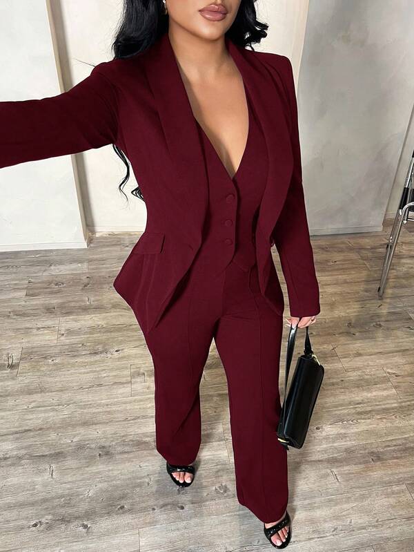 SHEIN SXY Plus Size Women 3-Piece Set: Long Sleeve Blazer, Camisole, And Pants, Sexy Outfit For Commute And Date, Deep Blue Autumn Winter Clothes For Women