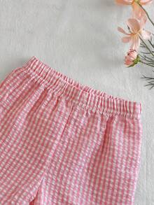 Vintaside Kids Bộ 2 áo sơ mi kẻ caro màu hồng cổ tròn tay bồng trang trí nơ và quần short kẻ caro viền bèo nhún cho bé gái, thích hợp mặc hàng ngày, đi chơi và chụp ảnh, mùa xuân/hè - Hồng - Xem 8