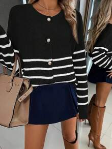 EMERY ROSE 新款宽松条纹圆领针织开衫，宽松舒适，版型显瘦，柔软舒适套头毛衣 - 黑色 - 查看 4