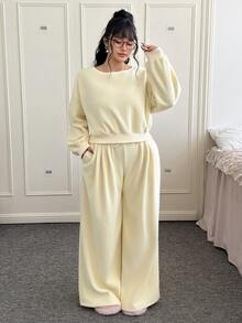 SHEIN EZwear 大码舒适两件套，保暖内衬，芥末黄，秋冬款 - 淡黃色 - 查看 6