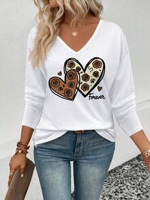 EMERY ROSE 女士玫瑰爱心印花V领长袖T恤，休闲百搭，春夏款 - 白色 - 查看 5