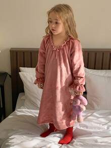 女童褶皱荷叶边腰部抓绒休闲连衣裙 - 粉色 - 查看 1