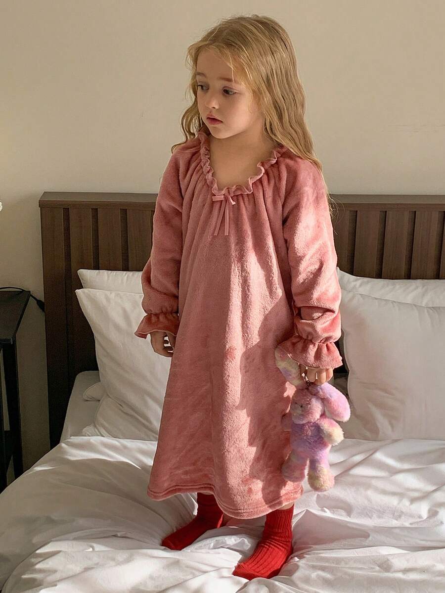 女童褶皱荷叶边腰部抓绒休闲连衣裙 - 粉色 - 查看 1