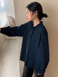 Dazy Kids 少女宽松休闲纯色长袖衬衫，秋季款 - 藏蓝色 - 查看 1