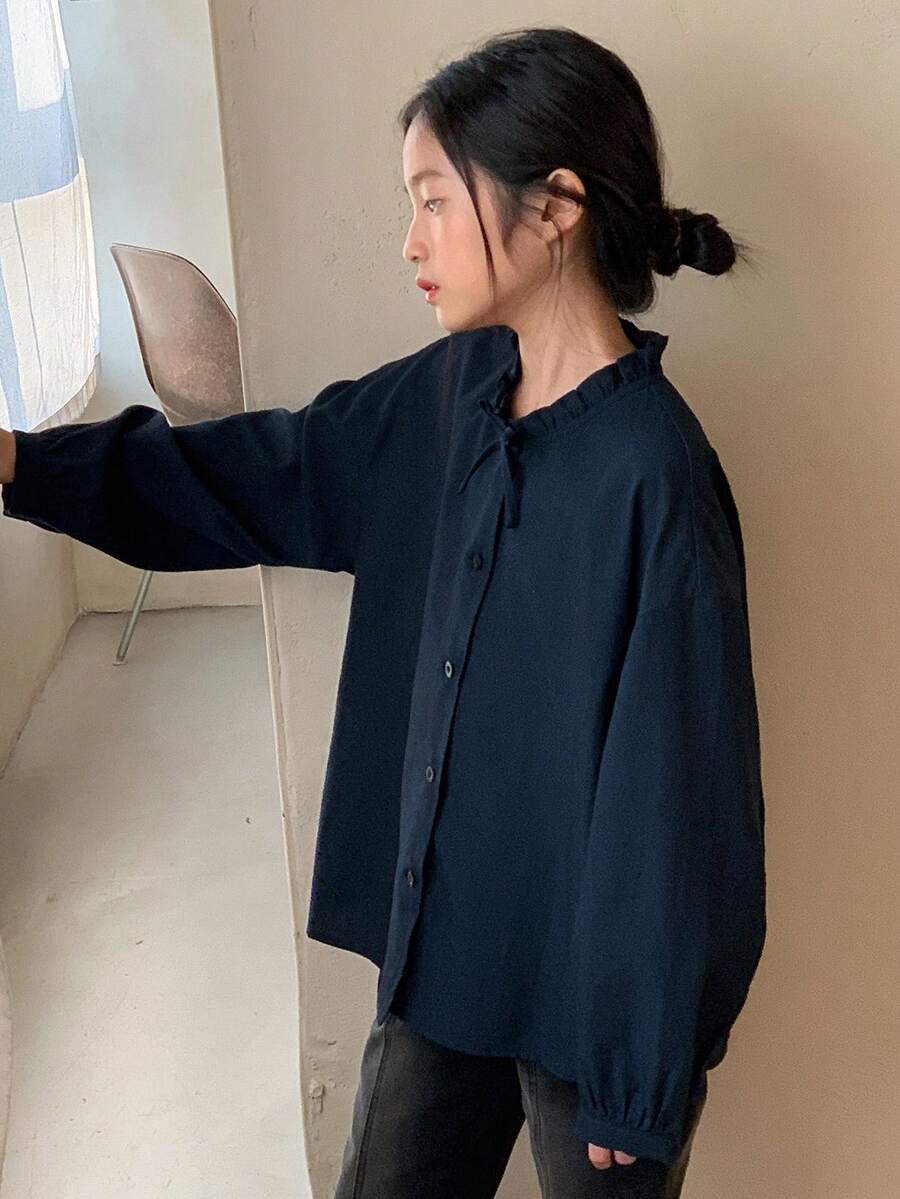 Dazy Kids 少女宽松休闲纯色长袖衬衫,秋季款 - 藏蓝色 - 查看 1