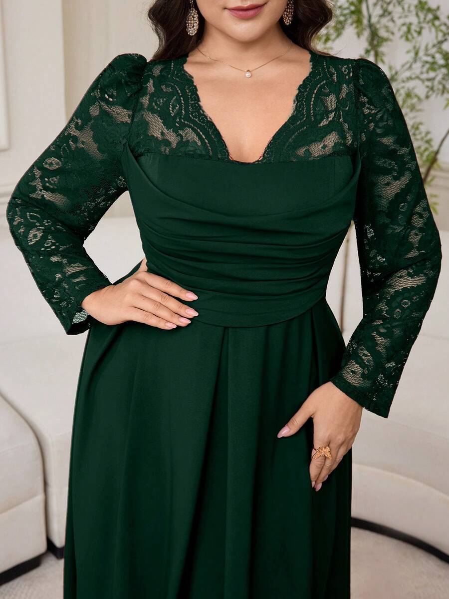 Modelyn 大码优雅派对纯色蕾丝拼接连衣裙 - 墨綠色 - 查看 1