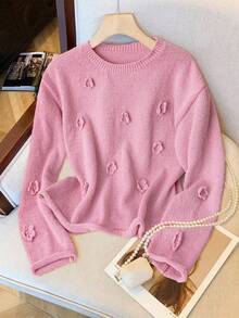 Franclia Pink Floral Autumn Cute Everyday Blogger-Style Chic 3D Crochet Loose Fit Crew Neck Sweater,European & American New Arrival Fall Winter Casual Commute - Pink - View 4
