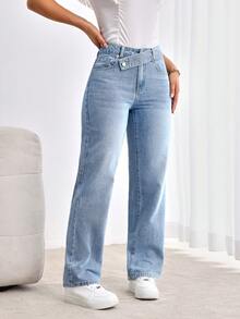 EMERY ROSE 女式不对称腰带口袋直腿宽松休闲牛仔裤 - 淺色水洗藍 - 查看 6