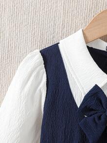 SHEIN Elladie kids 女童藏蓝色彼得潘领双排扣褶裥下摆长袖两用连衣裙，适合休闲、优雅、通勤、校园等场合。 - 寶藍色 - 查看 5