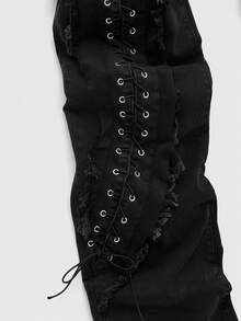 ROMWE MEN Street Life Men's Distressed Eyelet Lace-Up Flared Jeans - Black - View 4