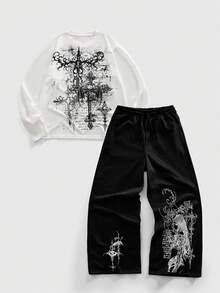 ROMWE MEN Street Life 男士圆领长袖荆棘印花T恤搭配抽绳腰阔腿裤休闲套装 - 黑與白 - 查看 1