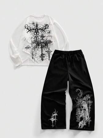 Street Life Completo casual da uomo con t-shirt a maniche lunghe con scollo a girocollo e stampa a spine, pantaloni con vita con coulisse e gamba ampia