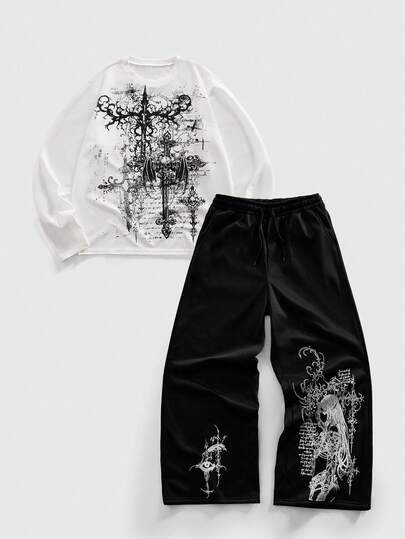 ROMWE MEN Street Life Men's Crew Neck Long Sleeve Thorn Print T-Shirt And Drawstring Waist Wide Leg Pants Casual Suit