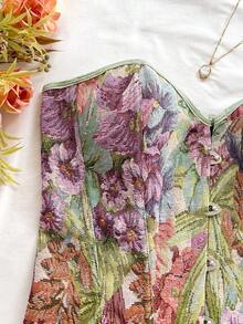 Soleia 女士复古宫廷风彩色花卉提花印花抹胸露脐上衣，带纽扣和后系带 - 彩色 - 查看 5