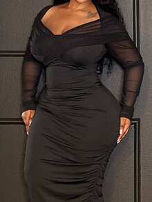 Slaydiva 2025 Otoño/Invierno Nuevo Elegante Fiesta y Sexy y Reunión y Fiesta de Cumpleaños y Cita y Salida con Amigos y Temporada de Graduación y Temporada de Bodas Vestido Midi Elástico de Talla Grande con Escote Pronunciado, Parches de Malla, Cruzado, Fruncido y Abertura en la Espalda - Negro Sólido - Negro - Ver 6