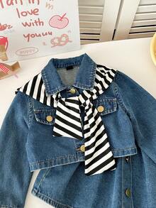 Genkimix Kids Jaket Denim Biru Vintage Kasual, Rok Mini Denim Model A-Line, dan Selendang Bergaris, Set 3 Potong Modis dengan Desain Gaya Kampus, Cocok untuk Gadis-Gadis Bergaya - Medium Wash - View 4
