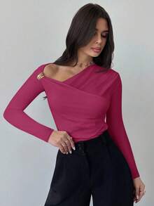 Firerie Áo thun nữ màu trắng dáng ôm, tay dài, vai bất đối xứng, eo nhún, đính kim loại, kiểu dáng thanh lịch mới, phù hợp cho mùa thu, mùa tựu trường, đi sân bay, đi chơi. - Màu đỏ tím - Xem 7