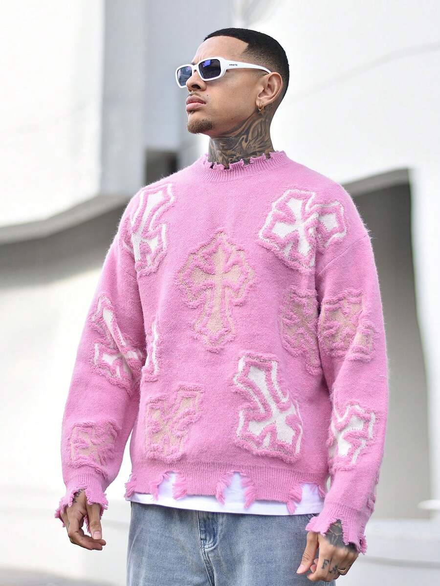 Devon Thys Unisex Street Fashion Cross Jacquard Crew Neck Loose Fit Casual Sweater, Suitable For Spring, Autumn And Winter - Pink - View 1