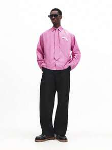 SUMWON 长袖条纹衬衫，系带，纽扣领，宽松版型，商务休闲办公穿着，春夏纯色 - 粉色 - 查看 3