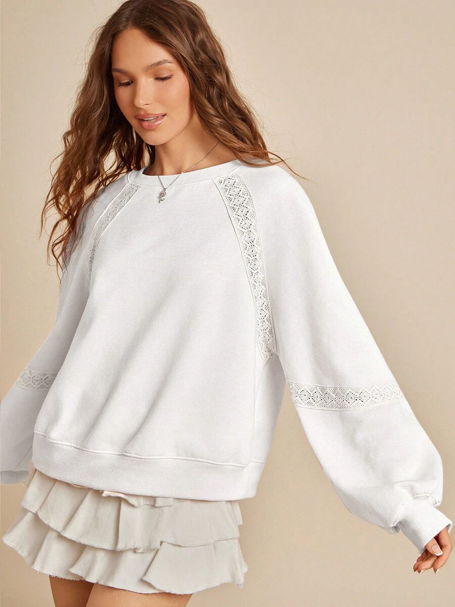WESTFADE Moletom de gola redonda, mangas raglan e modelagem ampla em fleece e renda de crochê - Ideal para a volta às aulas no outono. - Branco - Ver 1