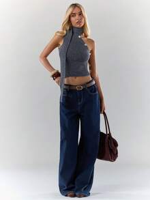 Glamine 女士时尚罗纹露肩系带针织衫 - 灰色 - 查看 2