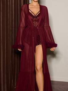 Slumberist Women's Flare Sleeve Ruffle Hem Sexy Mesh Extra Long Robe + Women's Sexy Lace Bodysuit Pajama Set, 2pcs - Maroon - View 6