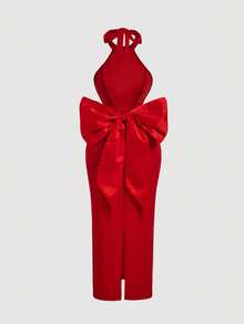 SHEIN MOD Vestido de mujer con escote halter y lazo en la espalda en color rojo, vestido elegante y clásico para el Día de San Valentín, vestido de cumpleaños para mujer, atuendo sexy para club, vestido para invitada de boda, vestido para cita nocturna - Rojo - Ver 2