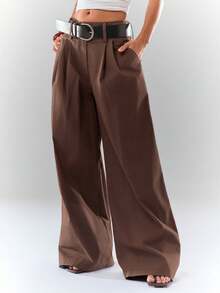 Glamine Quần dài thường ngày bằng cotton hữu cơ màu nâu dành cho nữ có thắt lưng đen, quần dài công sở thanh lịch màu nâu dành cho nữ - Cà phê nâu - Xem 6