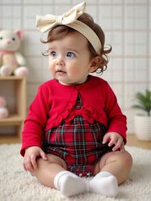 Souflis Souflis 女婴优雅甜美外套格子连体衣套装，秋冬装 - 紅色 - 查看 1