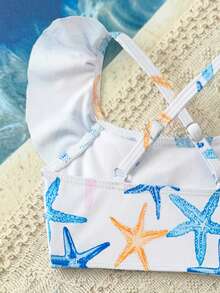 Cute & Fresh Starfish Print Top With Flounce Design Baby/Toddler Girls Swimsuit Set 2 Piece Baby Swim Suit Beach Baby Outfit Toddler 2 Pc Swimsuit Bikini Set For Baby Ocean Baby Clothes Under The Sea Bathing Suit Toddler Girl Baby Mermaid Swimsuit Baby Girl Ocean Print Toddler Swimsuit Starfish