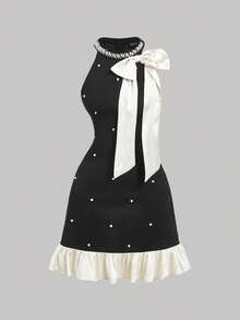 SHEIN MOD 女士黑色迷你连衣裙，饰有白色蝴蝶结和珍珠，冬季短款连衣裙，正式场合连衣裙，节日连衣裙，派对连衣裙，新年晚礼服