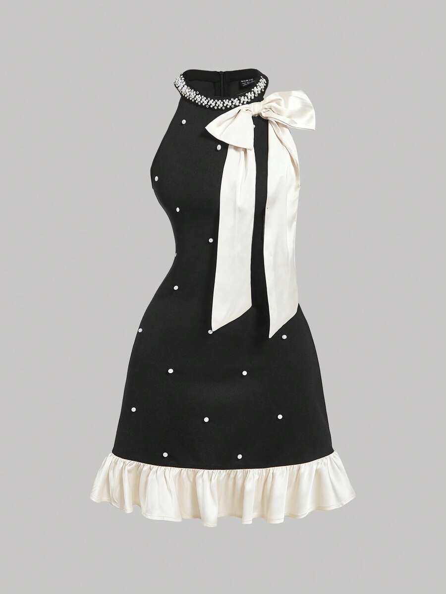 SHEIN MOD 女士黑色迷你连衣裙，饰有白色蝴蝶结和珍珠，冬季短款连衣裙，正式场合连衣裙，节日连衣裙，派对连衣裙，新年晚礼服