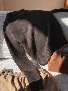 Comfortcana Áo len dài tay cổ tròn màu trơn thường ngày cho nữ, mùa thu/đông - Cà phê nâu - Xem 7