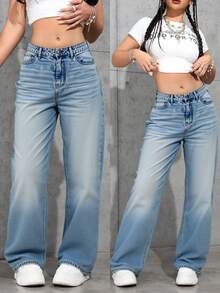 Pantalones Vaqueros Anchos de Mujer de Cintura Alta, Estilo Vintage con Detalles Únicos, Confortables y Versátiles - Azul claro - Ver 2