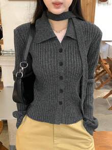 DAZY Cárdigan de punto casual de un solo pecho de unicolor y manga larga para mujer - Gris - Ver 6
