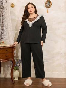 Côtesoire Set de 2 piezas de ropa de estar en casa con cuello redondo, manga larga y parches de encaje de estilo francés en unicolor - Negro - Ver 6