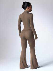 Dewbera Women's Casual Sports Zip-Up Long Sleeve Top & Flare Leg Pants Set - Khaki - View 2