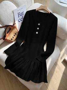 Franclia 新款秋冬法式束腰鱼尾针织连衣裙 - 黑色 - 查看 3