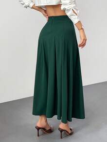 SHEIN PETITE 女士纯色半身裙 绿色长款宽松优雅高端款，适合秋冬季穿着 - 軍綠色 - 查看 2