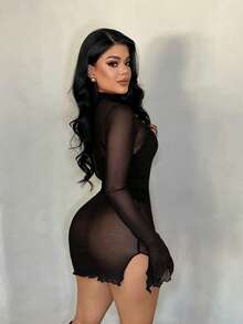 SHEIN SXY 时尚性感透视网纱立领喇叭袖迷你连衣裙 - 黑色 - 查看 2