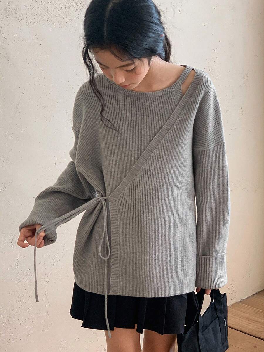 Dazy Kids 少女纯色落肩长袖系带宽松针织开衫,秋冬款 - 灰色 - 查看 1