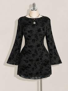 SHEIN ICON 大码女装秋季连衣裙，女式长袖连衣裙，Y2K复古植绒花卉网纱喇叭袖性感节日连衣裙，日常穿着 - 黑色 - 查看 3