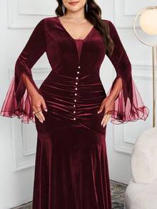 Modelyn 大码优雅派对网纱拼接喇叭袖连衣裙 - 酒紅色 - 查看 4