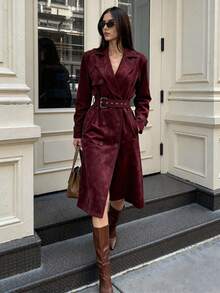 Glamine Women's Burgundy Suede Retro Casual Loose-Fit Mid-Length Coat For Autumn/Winter - Burgundy - View 1