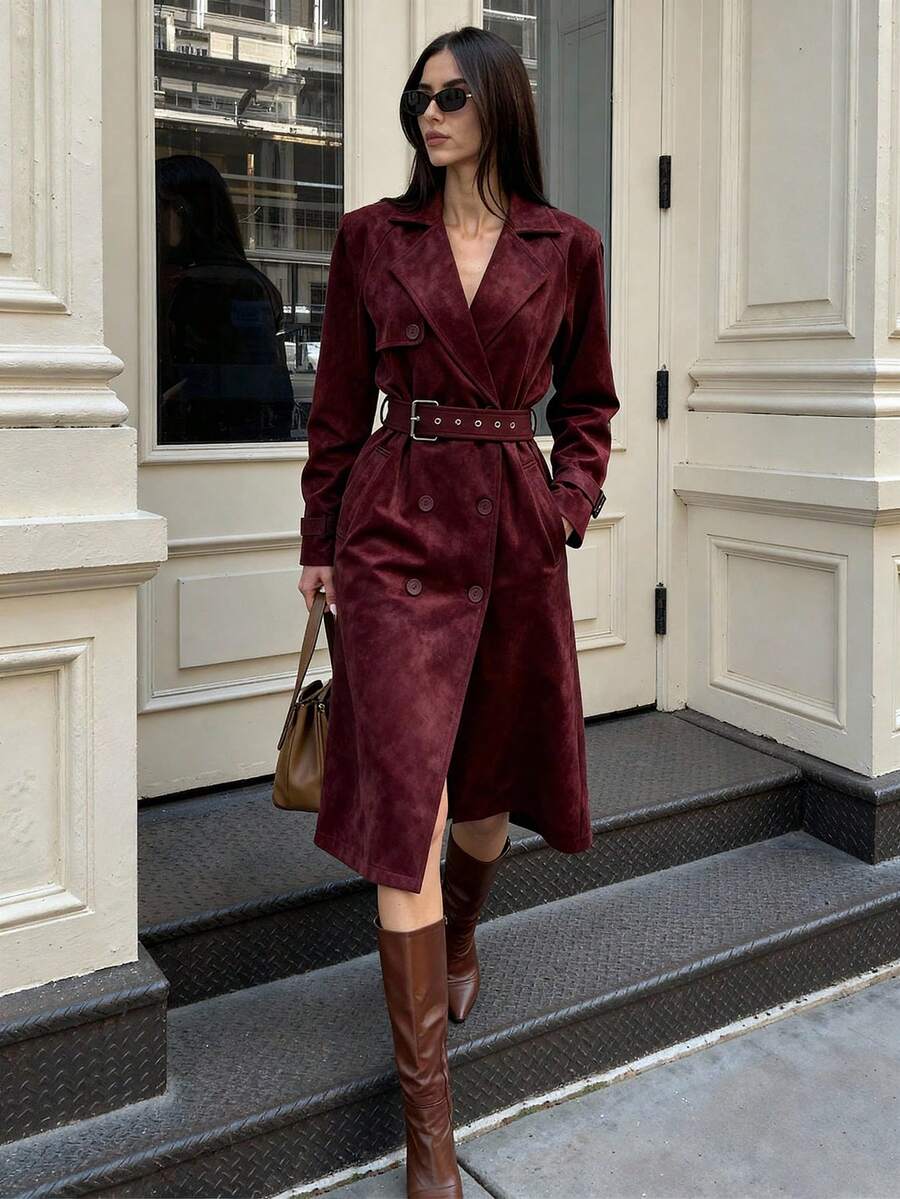 Glamine Women's Burgundy Suede Retro Casual Loose-Fit Mid-Length Coat For Autumn/Winter - Burgundy - View 1